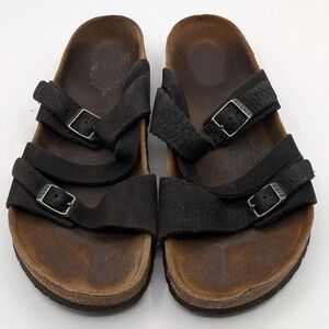 Birkenstock $125 Size 38 Salina Black Oiled Leather Asymmetrical Straps Sandals